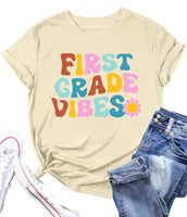 First Grade Teacher Shirt for Women: Teacher Shirts Back to School Oufits Letter Print Tees Short Sleeve Blouse Tops(Apricot Medium)