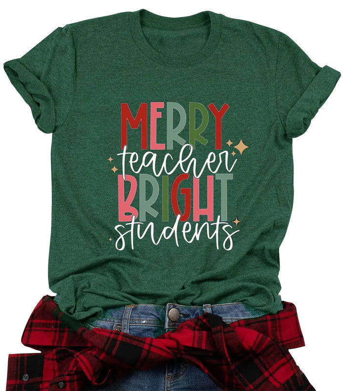 Christmas Teacher Shirt Women Christmas Light Im Fine Everything is Fine Teacher Life Shirt Casual Short Sleeve Tee Top